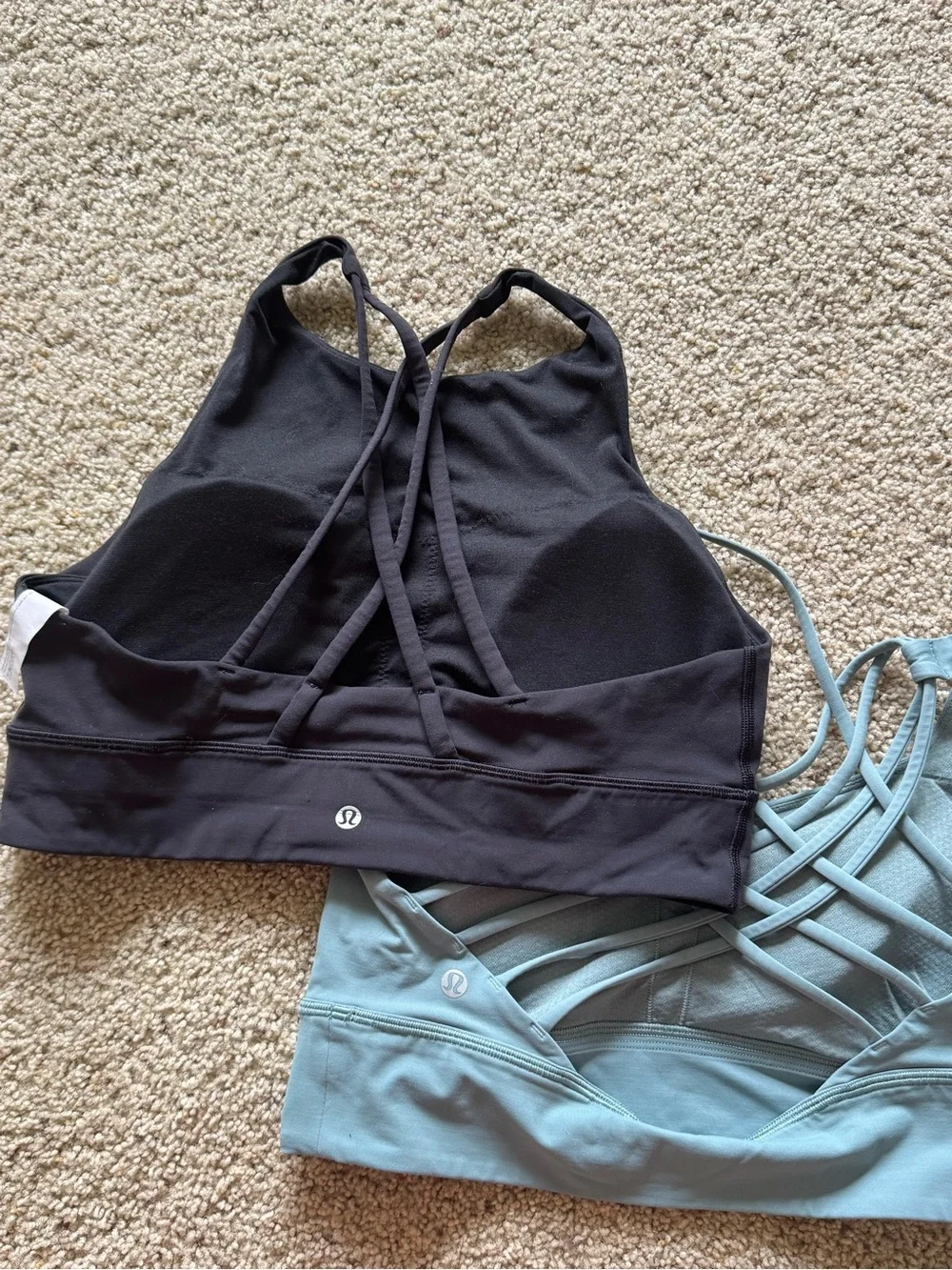 lululemon athletica Strappy High-Neck Sports Bra — Black & Light Blue